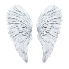 White angel wings with detailed feathers, symbolizing purity and freedom, isolated on transparency background. wings are symmetrical and evoke sense of grace and spirituality