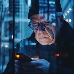 Connected in the Dark: Older Man with Glasses Checking Phone at Night