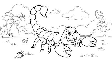 Fototapeta premium Funny Playful Scorpion Bug Cartoon Character Coloring Page for Children Activity