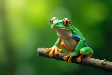 Fototapeta premium Green tree frog perched on white, vibrant color , macro, macro photography