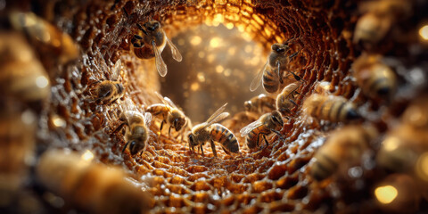 Closeup scene of bees working together inside honeycomb tunnel, showing detailed texture and warm golden light creating lively and natural atmosphere