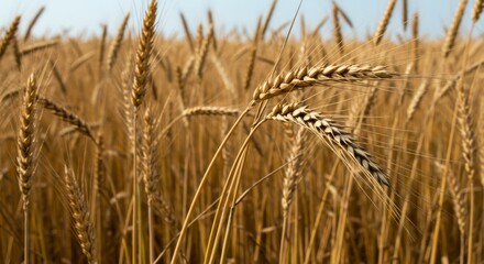 Obraz premium Close up view of golden ripe wheat ears field under sunlight. Concept of harvest season, agriculture, bread making, and natural food production.