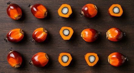 Palm Fruit Arrangement: Whole, Halved, and Cross-Sections on Dark Wood.