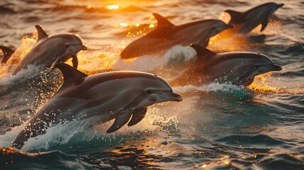 A school of dolphins moving in playful harmony through sparkling ocean waves at dusk