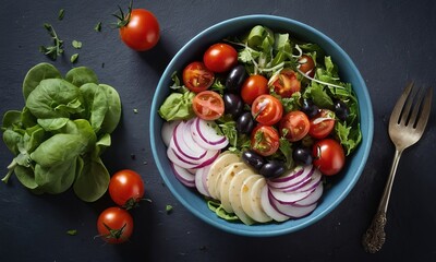 Freshly Prepared Salad with Mozzarella, Tomatoes, and Red Onions Still Life