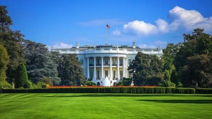 The White House, a symbol of American democracy under a vibrant blue sky.