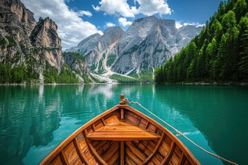 Obraz premium Serene mountain lake from a wooden boat