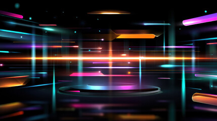 Futuristic digital background with glowing neon lights and horizontal lines in vibrant colors on dark backdrop, creating dynamic and energetic atmosphere