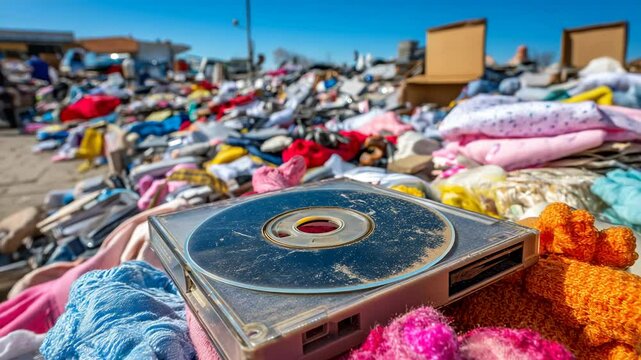 Close up of damaged personal belongings piled outdoors after a disaster with compact disc in foreground