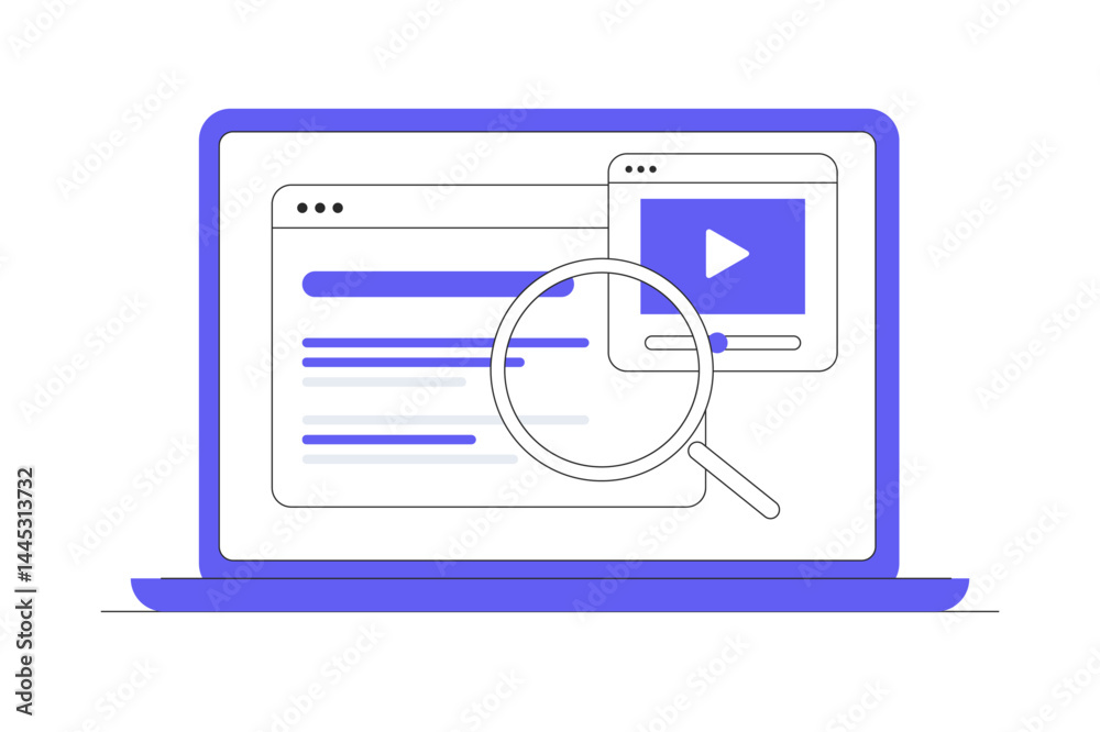 Wall mural search through the computer. seo search engine optimize. desktop, windows. flat cartoon vector illus