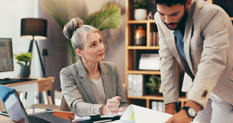 Corporate, people and meeting with documents in office for legal consulting, planning and contact advice. Mature woman, attorney and paperwork for settlement, information and procedure for management