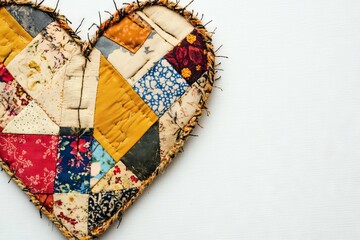 A heart shape formed by quilting accessories on a wooden surface that is white