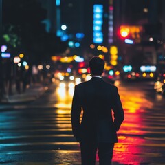 Professional Businessman in Suit at Night Crosswalk Traffic