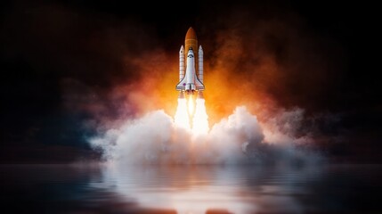 Blast off: A powerful rocket ship ignites, launching from a reflective surface into a fiery, smoke-filled atmosphere. The scene exudes energy, ambition, and exploration.