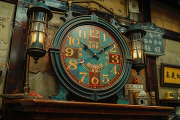 An old decorative clock with lanterns and aged appearance