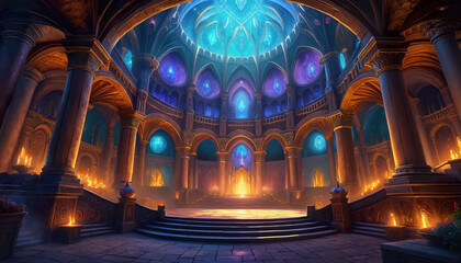 Obraz premium Illustration of Majestic fantasy palace interior with glowing blue dome, arched windows and fiery torches. Concept of magical realm, ethereal architecture, mystical grandeur and dreamlike space