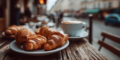 Fresh croissants and a cappuccino sit on a white table at a Parisian street cafe, with a blurred city backdrop and shallow depth of field for a cozy morning vibe.  
