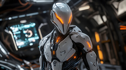 Fototapeta premium Sleek white robot with glowing orange lights standi