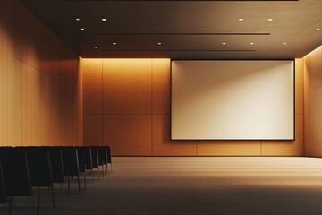 Modern minimalist conference room with wooden walls, a large screen, and rows of empty black chairs.