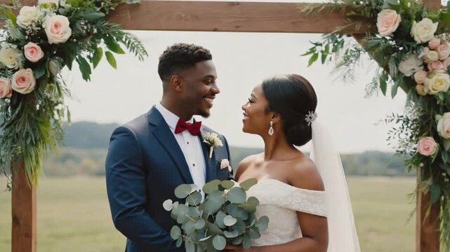Happy bride and groom, a loving couple in wedding attire, share their outdoor marriage celebration