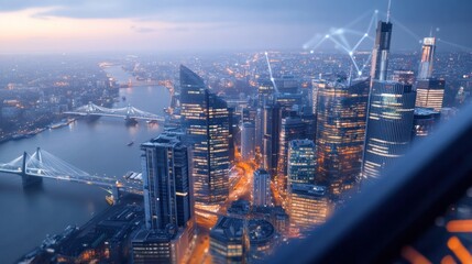 Fototapeta premium Cityscape at Dusk: Captivating aerial panorama showcasing a modern metropolis, its architectural marvels shimmering against the twilight sky, creating a blend of urban and digital connectivity.