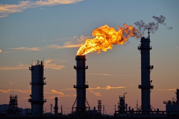 Flame Eruption at Industrial Facility During Dusk with Silhouetted Towers Against Colorful Sky and Twinkling Clouds