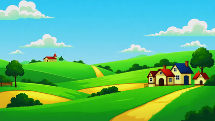 Fototapeta premium Cartoon Countryside Landscape with Hills, Houses, and Blue Sky
