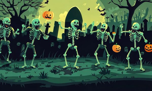 Cartoon skeletons dancing with pumpkins in a graveyard under a full moon. Halloween themed animation.