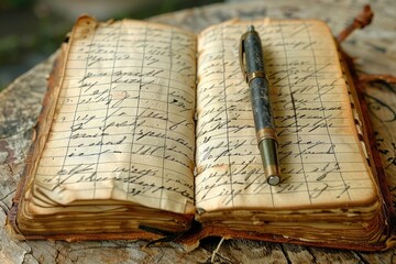 An old journal containing handwritten entries with a pen resting