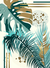 Modern Monstera and Palm Botanical Print with Gold Accents. Trendy Minimalist Nature Illustration for Stylish Home and Interior Decor.
