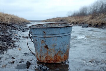 Obraz premium An old metal bucket sits within the waters of a river