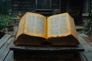 Obraz premium An old open book rests upon a weathered wooden surface