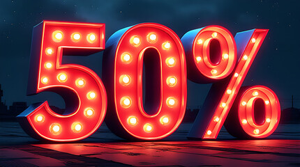 Glowing 50% Glowing Fifty Percent Off Text on Black Background Discount tag sun rays gradient banner. Light burst background. Up to 50 percent off sale.Discount offer price sign. Special offer symbol