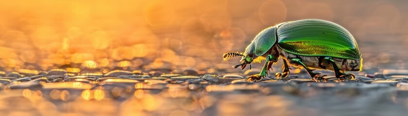 Naklejka premium Shiny beetle on a reflective surface with a golden background.