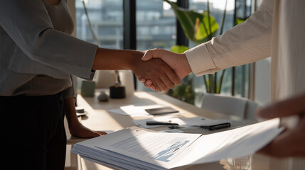 Project Manager and Client Handshake After Approval in Office
