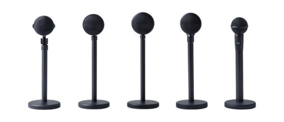Pack of Microphone Stands in Five Different Poses Against Transparent Background for Audio Equipment Branding, Music Setup Promotion, or Studio Design Projects