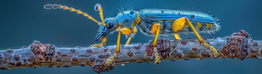 Colorful insect perched on a twig with a blurred background.