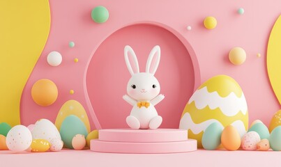 Obraz premium 3D Happy Easter Banner with Cute White Rabbit and Podium. AI generated illustration.