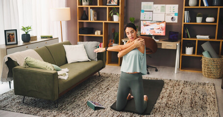 Meditation, stretching and woman with tablet, calm and self awareness in morning, wellness and...