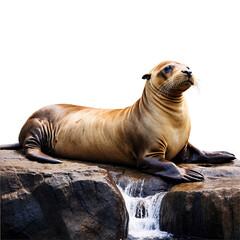 Fototapeta premium A majestic sea lion rests on dark rocks near a small waterfall. Its warm, brown fur contrasts beautifully with the cool tones of its surroundings.
