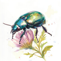 Naklejka premium Shiny beetle rests peacefully on delicate flower, full of life