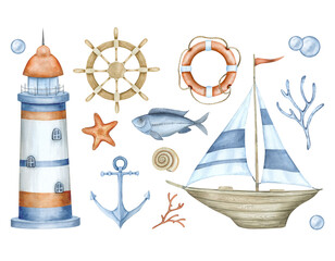 Clipart with lighthouse and sailing ship for nautical style design. Watercolor illustration in blue, red and beige colors. Baby nautical set of elements.