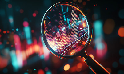 Magnifying glass over stock market chart, highlighting data analysis, financial insights, and focus in market trends.	