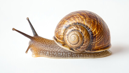 High-resolution close-up of a snail on a white background, showing the intricate structure of its shell using natural light.