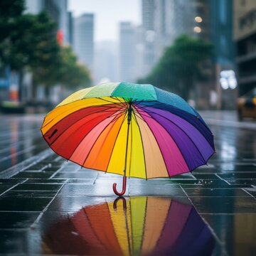Rainbow umbrella in a sunshower vibrant against gray streets joyful resilience theme Image