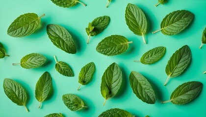 Mint Leaves Pattern on Teal Background