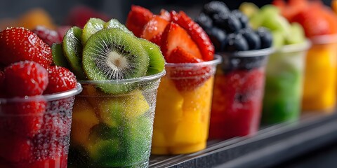 Pre-packaged fruit salads in clear cups featuring kiwi, strawberries, blueberries, and mango displayed in a case, highlighting vibrant colors and healthy snacks.  