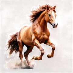 Obraz premium A majestic chestnut horse with a flowing mane and tail gallops across a dusty landscape, captured in a dynamic and powerful pose. The warm, earthy tones create a sense of freedom and energy.