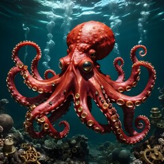Obraz premium Red Octopus in Steampunk Underwater Scene