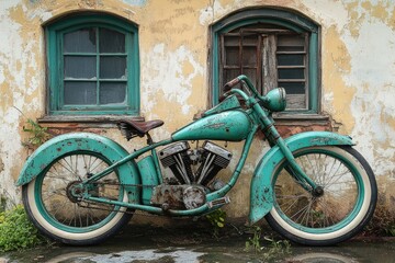 An old turquoise motorcycle stands against a weathered building facade
